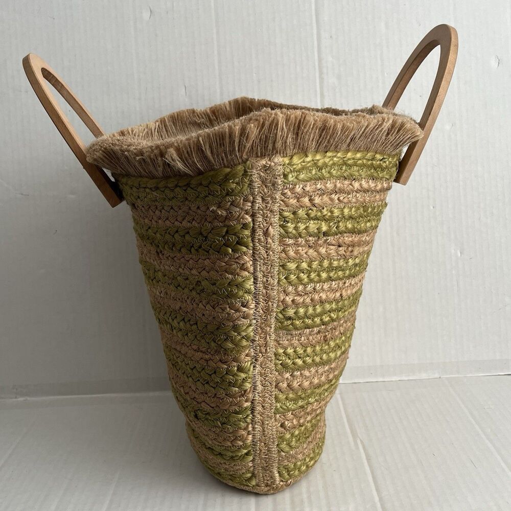 ANTIK KRAFT Woven Jute Tote Bag Wood Handles Beach Boho Market Basket Coastal - Picture 10 of 16